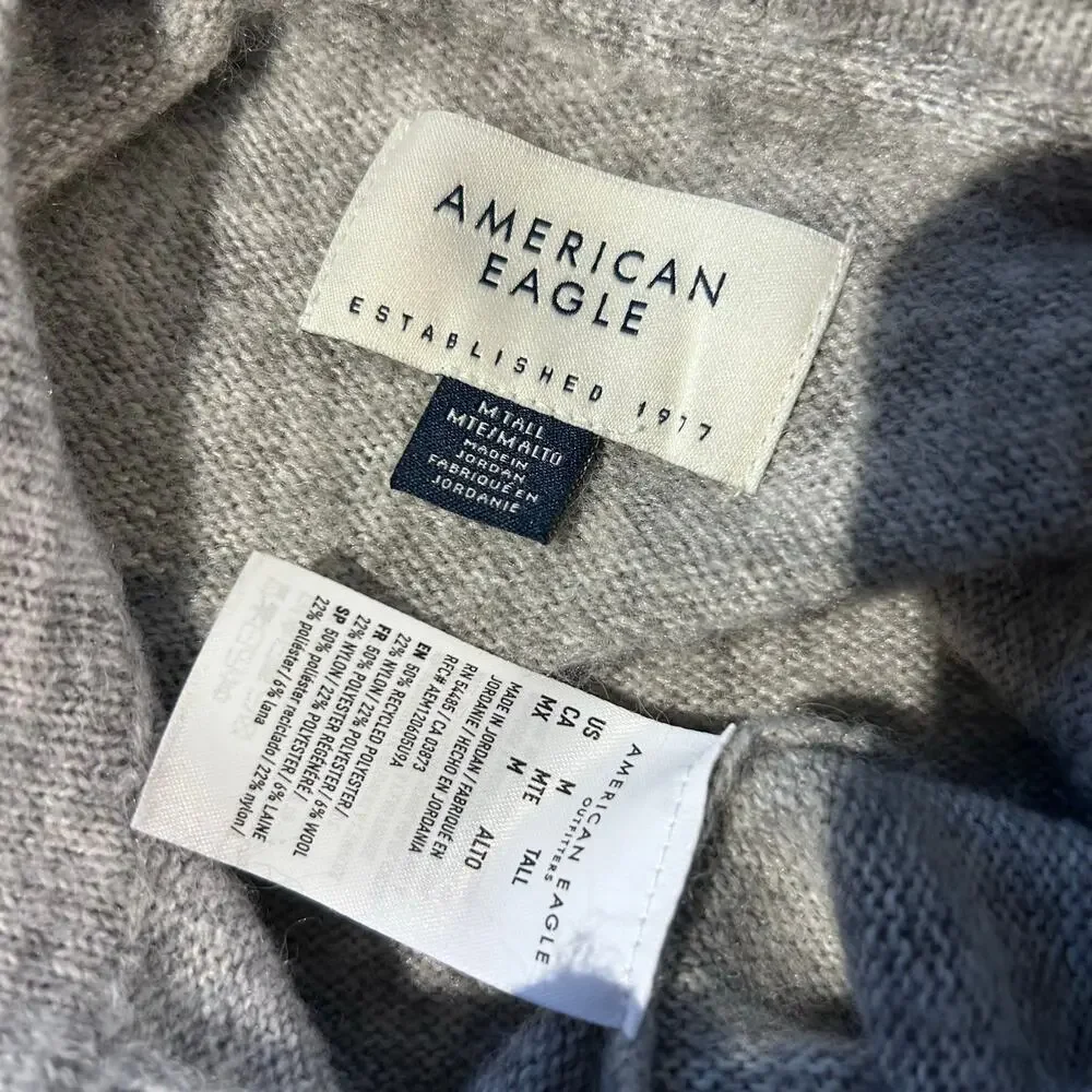 American Eagle Sweater Gray Cream Striped Polo SZ Med Tall Preppy Y2K Mens